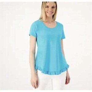 Isaac Mizrahi Live Women Top ~ Sz M Scoop Neck Curved Ruffle Aqua Blue A378050